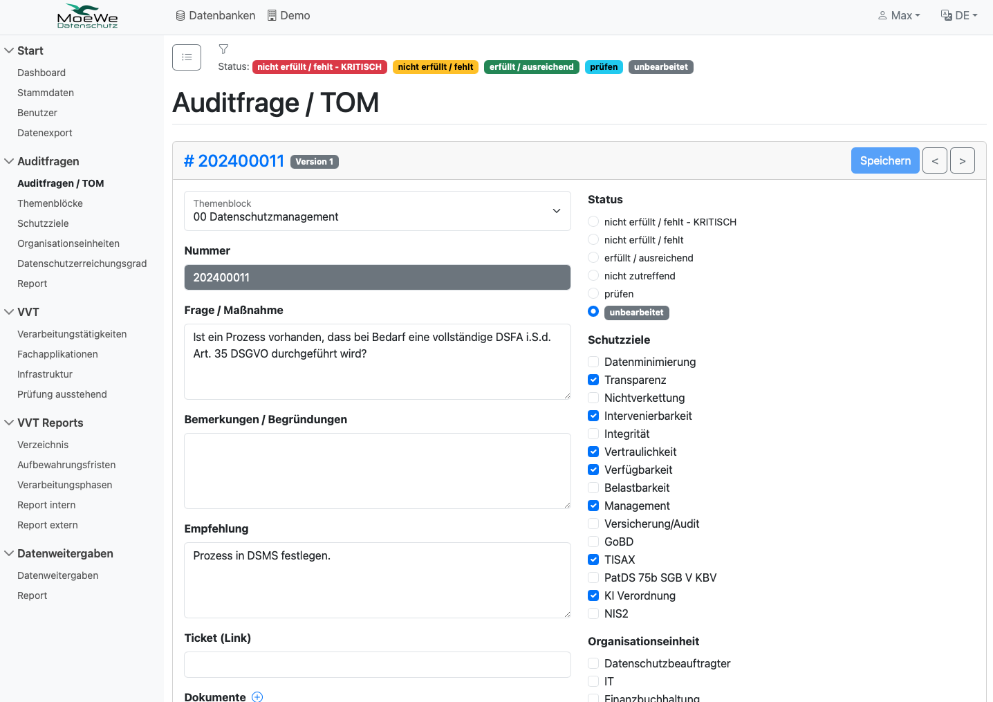 MoeWe Auditfrage mit Status, Schutzzielen und Empfehlung