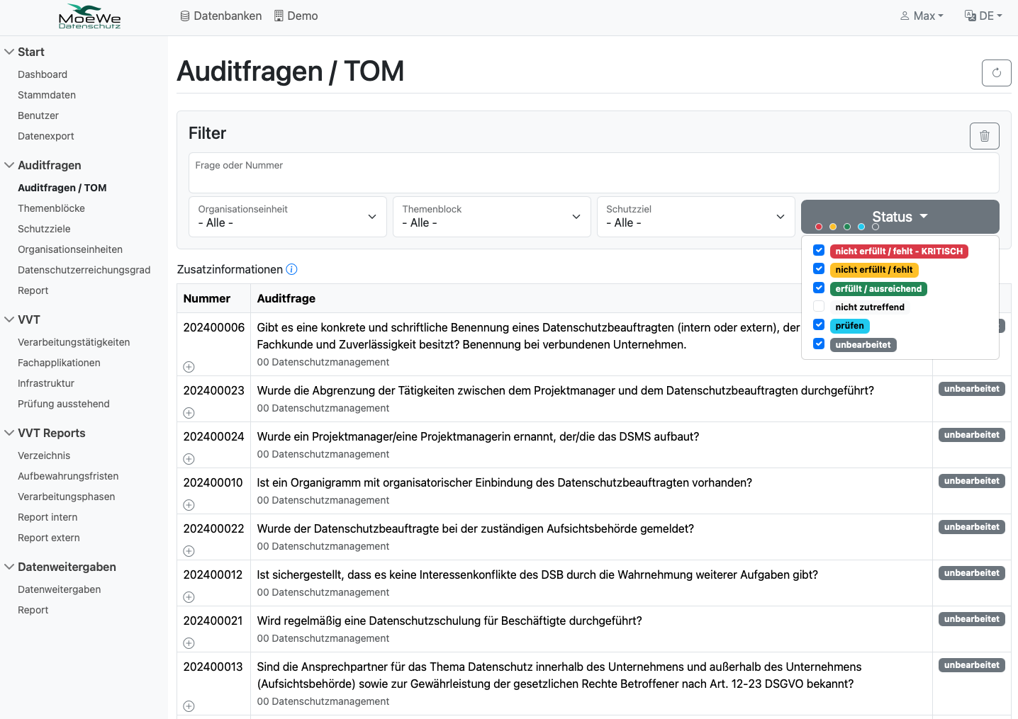 Filterbare Übersicht der Auditfragen und technischen organisatorischen Maßnahmen