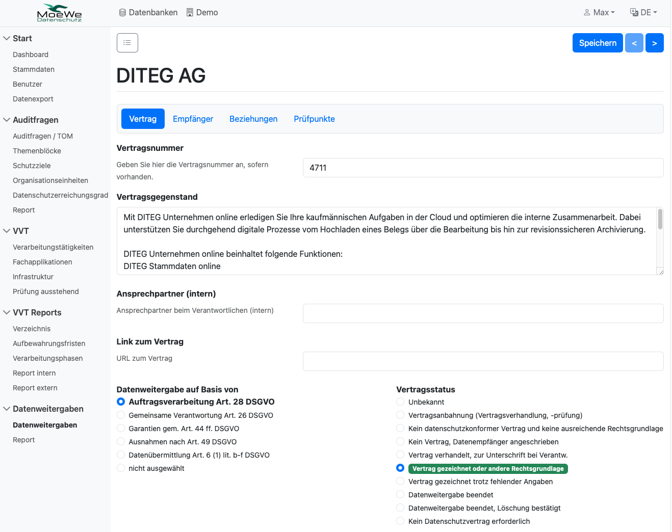 Vertrags- und Statusinformationen einer Datenweitergabe