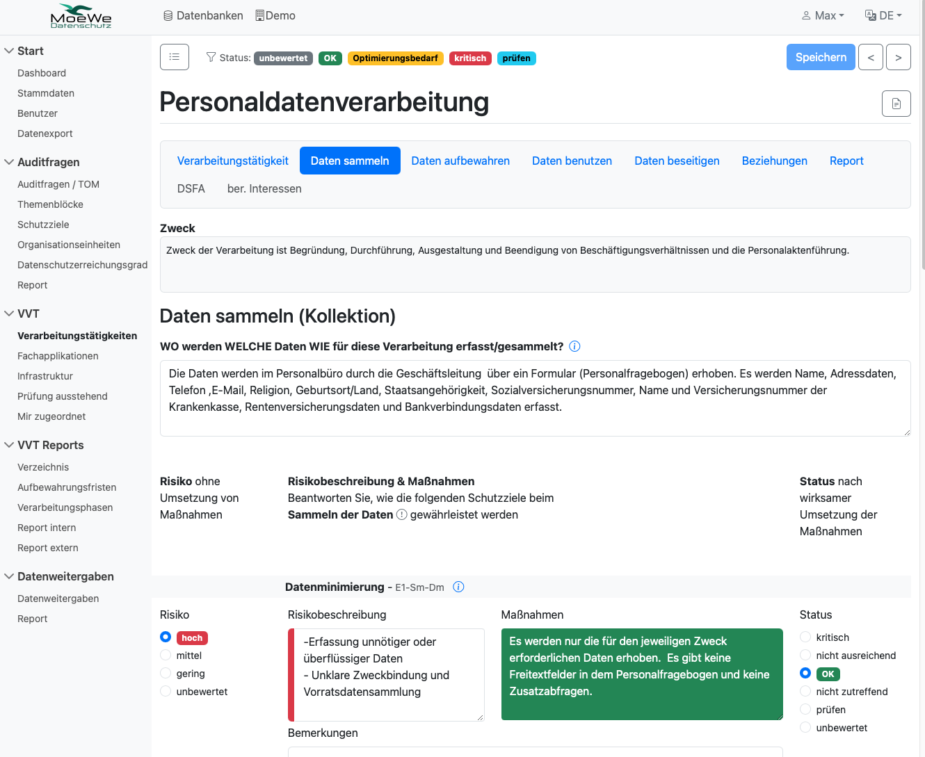 MoeWe Oberfläche zur strukturierten Erfassung einer Personaldatenverarbeitung