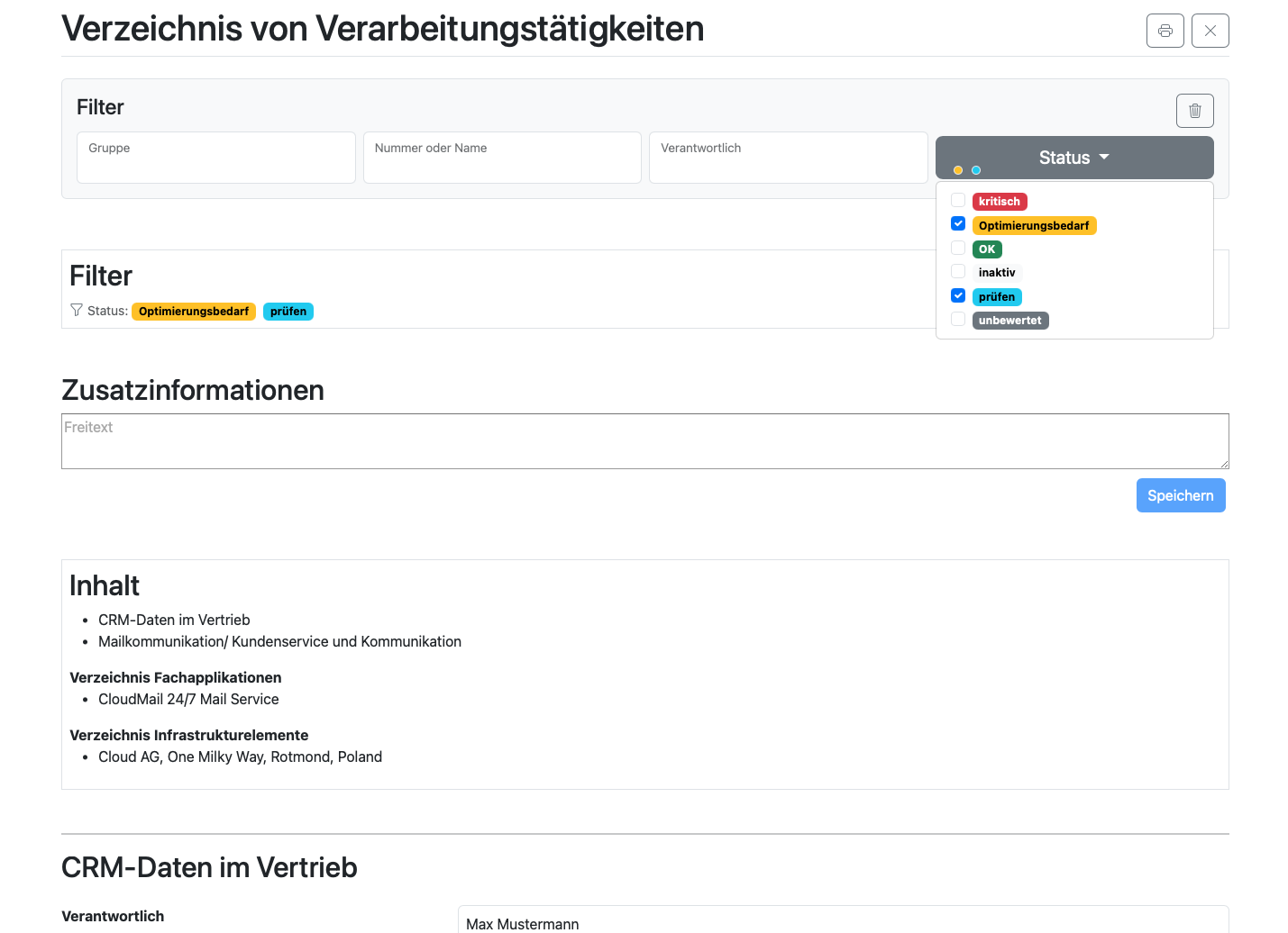 Inhaltsübersicht eines Verzeichnisses von Verarbeitungstätigkeiten
