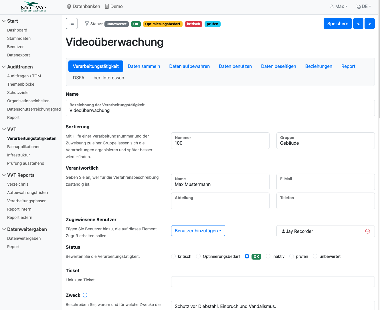 Stammdaten einer Verarbeitungstätigkeit am Beispiel Videoüberwachung